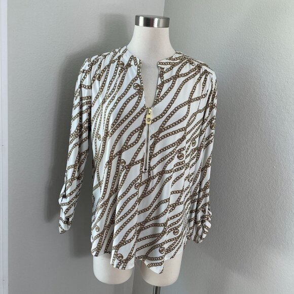 Michael Kors Womens XL Chain Print Blouse Roll Tab Sleeve Stretch Shirt Blouse - Picture 1 of 12